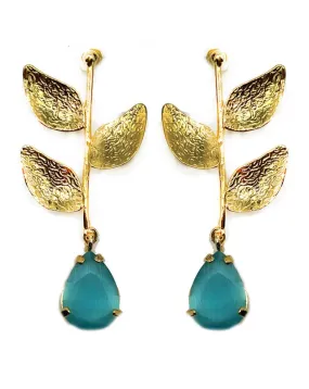 LARGOS PENDIENTES AZUL AGUA MARINA CON HOJITAS DORADAS