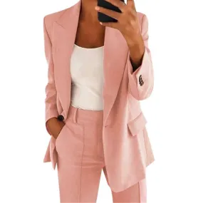 Yunclos Conjunto de traje de negocios de 2 piezas para mujer Solapa Chaqueta de traje de poliéster de botonadura sencilla con pa